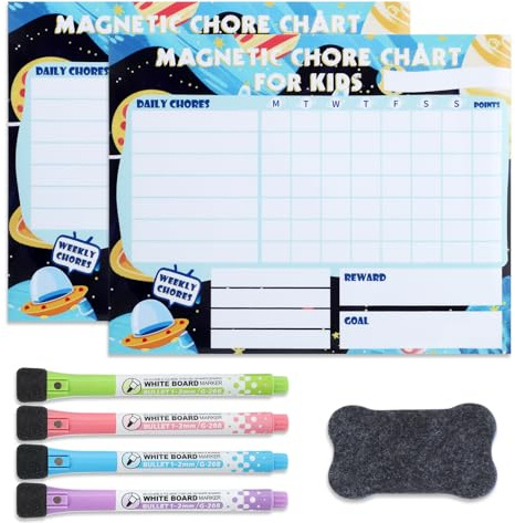 2 Pack Magnetic Reward Charts for Kids, Fridge Behaviour Charts, Space