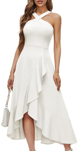 Cocktailklänning från Bbonlinedress med knytband i nacken, bal, formell, bröllop, brudtärna, volang, maxi, Hi-Lo, kväll, fest., Vitt, S