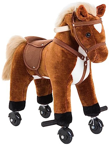 HOMCOM Cheval pour Enfant de +24 Mois Cheval en Peluche avec 4 roulettes, Effet sonore, Repose-Pieds et Guidon, Charge 60 kg 55x23x60 cm Marron