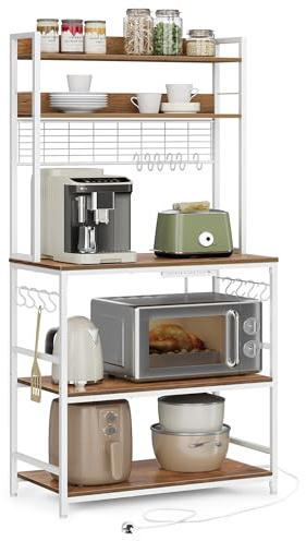 VASAGLE Kitchen Storage Rack with Power Outlet, Coffee Bar, Baker's Rack, with Metal Wire Panel, 14 Hooks, for Microwave, Steel Frame, 40 x 80 x 170 cm, Rustic Walnut and White KKS025W42