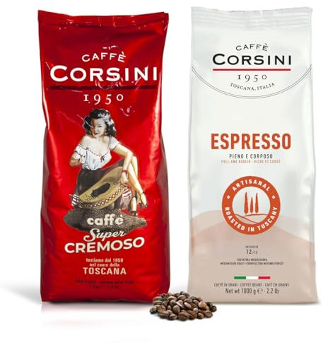 Caffè Corsini - Set Café en Grains Espresso à Maison Comme au Bar, Goût Intense, 2x1kg, 2kg Total