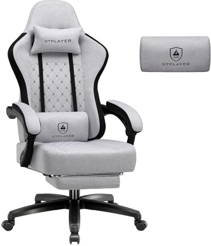 GTPLAYER Gamingstol tyg, gamingfåtölj med fickfjäderkudde, ergonomisk snurrstol, gamingstol med fotstöd, 150 kg lastkapacitet, ljusgrå