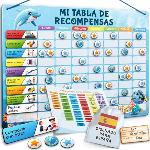 LIKARTO Tabla de Recompensas para Niños - Pizarra magnética con muchas tareas y 280 imanes - Inspira el buen comportamiento - Calendario educativo infantil - Azul