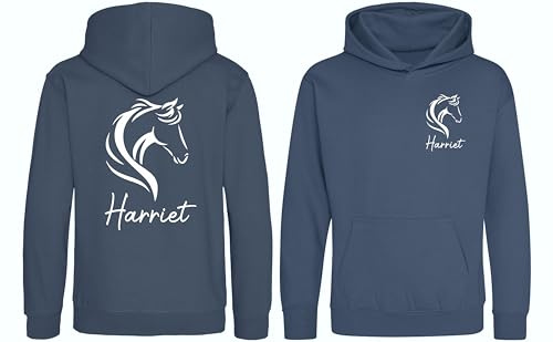 Girls Personalised Name Horse Riding Hoodie Pony Rider Club Sweatshirt Jacket (UK, Age, 9 Years, 11 Years, Regular, Airforce Blue)