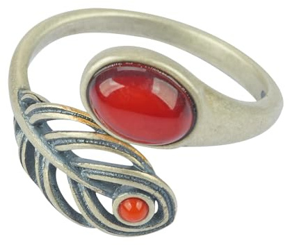 ELEGAMBER Authentic natural Baltic amber S925 sterling silver inlaid with adjustable one size fits all ring, women's jewelry gift, packaged in solid wood gift box (red-feather)