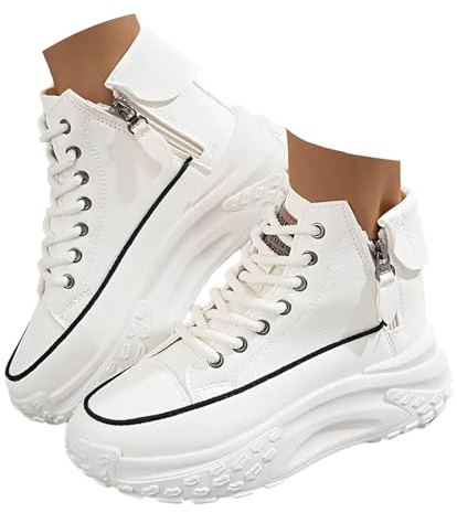 Xbemkste fritidsskor, dam, höga toppar, platåskor med dragkedja, snygga snörskor, bekväma promenadskor, sneakers, damskor med platå, Vit, 38.5 EU
