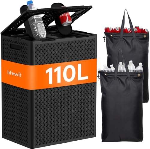 Lifewit Cubo de Reciclaje 110L, Contenedor de Botellas con 2 Compartimentos y Tapa con 2 Aberturas, 2 Bolsas de Reciclaje Extraíbles, Cesto para Clasificación de Vidrio, Latas y Plástico, Negro