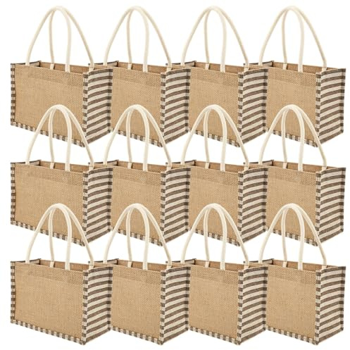 KTCINA 12Pcs Jute Burlap Tote Bag, 23x16x11cm Reusable Blank Burlap Grocery Bag with Handle, Natural Blank Jute Tote Bags Bulk for Grocery Shopping, Weddings, Travel, Bridesmaid Gift, DIY Crafts