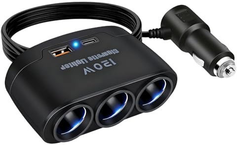 120W Cargador Mechero Coche 12V 24V, Divisor Encendedor Cigarrillos con 3 Tomas Mechero 1 USB-A Puertos 1 USB-C, Adaptador Mecheros con LED para Phone Dash CAM GPS Calentador de Coche