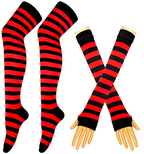 BundleMall Gestreifte lange Strickhandschuhe, kniehoch, gestreift, Leggings, Party-Kostüm, Zubehör, 2 Paar, schwarz/rot, Einheitsgröße