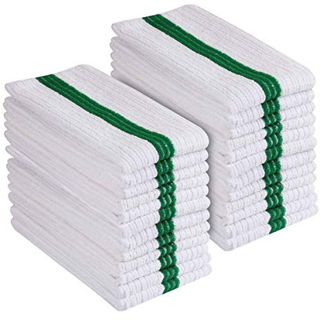 UTowels Premium 24 Pack White with Green Stripe Bar Mop Microfiber Towels for Home, Kitchen, Restaurant Cleaning (White/Green Stripe, 14inx18in)
