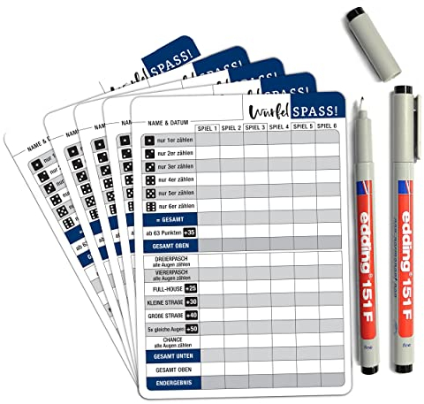 TOBJA Würfelspiel abwischbar inkl. Stifte - 5X DIN A5 Blätter wiederverwendbar mit 2 Stiften | Für Senioren Extra große Schrift/Zahlen | Reisespiele Seniorenspiele (5X abwischbar + Stifte)