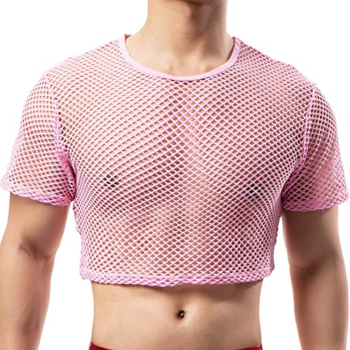 YUFEIDA Men's Sports Undershirts Fishnet Crop Top Mesh See Through Crops Half Tank Tops Novelty T-Shirts Undershirts for Men