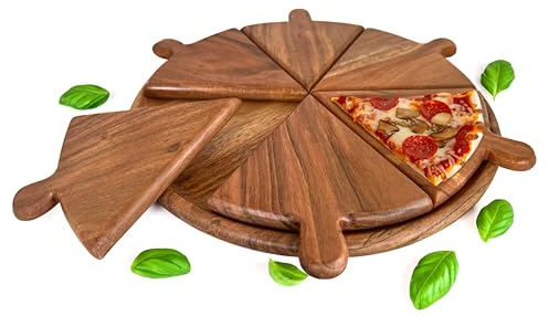 PIzza Serving Board - Wooden Serving Tray 12' Inch Dia - 6 Individual Charcuterie Boards and a Pizza Plate. The Ultimate Pizza Serving Tray Experience.