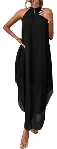 Verdusa Women's Wedding Guest Dress Halter Flowy Chiffon Asymmetrical Long Summer Prom Dress Black Large