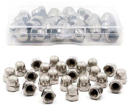25 tuercas de sombrerería M8 de acero inoxidable, tuercas de sombrerería DIN 1587 de forma alta, tuercas hexagonales A2, cabeza de cúpula, tuercas hexagonales, tapas protectoras para tornillos y
