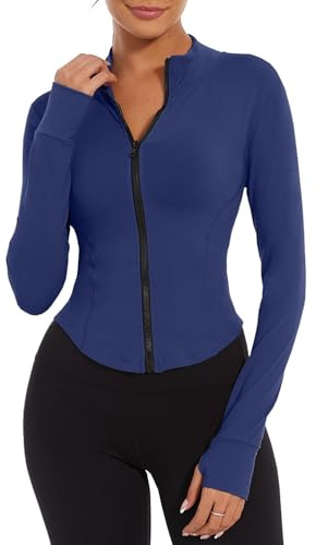 Yutdeng Giacca Sportiva Giacca da Corsa da Donna con Zip a Maniche Lunghe Fitness Traspirante Leggera Giacca Running Donna Felpa da Yoga Palestra Slim Fit con Fori per i Pollici,Navy,L