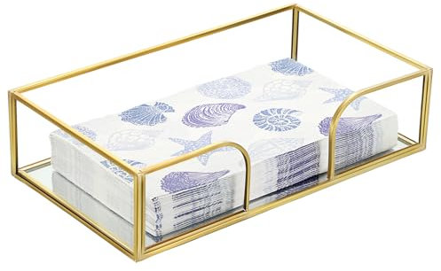 BSTKEY Glass Napkin Holder with Mirror Bottom, Rectangle Tissue Paper Towel Napkin Storage Tray, Household Serving Tray Golden Countertop Organizer for Napkin, Tissue Paper