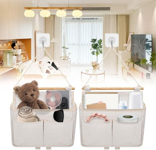 Forhandy 2 Stück Hängeorganizer, Hohe Kapazität Hängeaufbewahrung mit 3 Fächer Faltbares Leinen Wand Organizer Hängend Wand Aufbewahrungstasche mit 2 Klebriger Haken für Zuhause Büro Bad - Beige