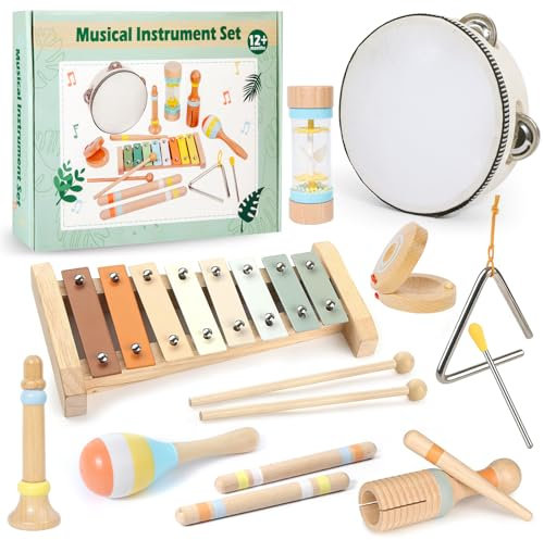 GIBOHOM Musikinstrumente für Kinder Ab 1 Jahr, 9 in 1 Montessori Spielzeug Percussion Instrumente Holz Mit Trommel, Xylophon, Baby Musikspielzeug Weihnachts- Und Geburtstagsgeschenk