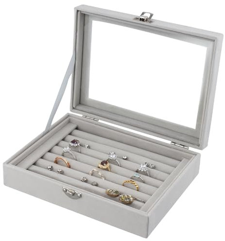 QWORK® Boîte à bijoux, bague organiseur en velours avec couvercle transparent, 7 compartiments, pour ménages privés, bijouteries, magasins d'accessoires