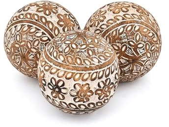 Mahasu Set di 3 palline decorative in legno di mango intagliate a mano con motivi floreali (7,6 x 7,6 x 7,6 cm)