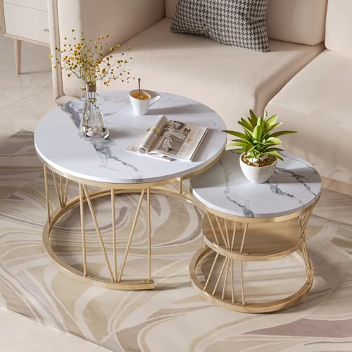 TIMORWTF Set di 2 Tavolini da Caffè Impilabili, Tavolino Rotondo con Struttura in Metallo a Forma di V, Tavolino Effetto Marmo, Design Moderno, Bianco+Oro