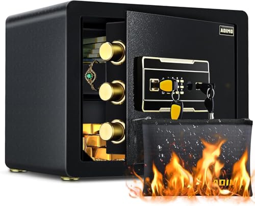 ADIMO Caja fuerte con bolsa de dinero impermeable ignífuga, caja fuerte de aleación de acero con teclado digital, cerradura de doble llave, bolsa de dinero ignífuga y luz LED, caja de bloqueo de