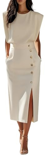 LIUYUYOUGO Abiti Eleganti Donna Midi Aderente da Donna Elegante Abiti Tubino Avvolgente con Scollo Rotondo E Bottoni Laterali Vestiti Lungo da Lavoro E da Ufficio con Tasche da Cerimonia B