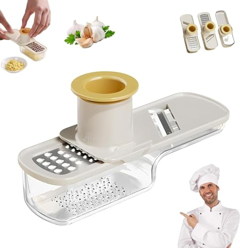 MUMQAQ Mini cortador de ajo multifuncional, mini rebanador que puede moler, rallador de ajo de jengibre 3 en 1 con protector de mano, mandolina funcional con recipiente