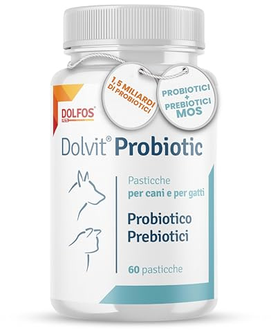 Dolvit Probiotici per Cani e Gatti 60 Cpr - Probiotico digestivo per cani e gatti, Flora Batterica, Sistema Immunitario - Diarrea Cane e Gatto - Dermatite Cane e Gatto - Allevia Prurito Cane e Gatto