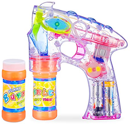 Relaxdays 3 x Seifenblasenpistole LED, batteriebetrieben, mit 6X Seifenblasen Flüssigkeit, Kinder & Erwachsene, transparent