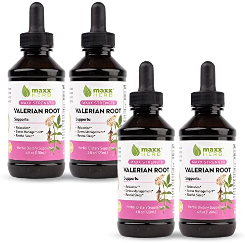Maxx Herb Valerian Root Extract - Max Strength, Liquid Valerian Root Absorbs Better Than Capsules, for Relaxation and Restful Sleep, Alcohol-Free - 4 Bottles, 4 Oz Each (240 Servings)