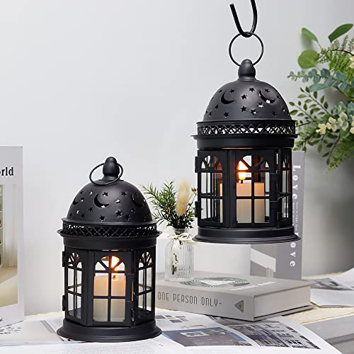JHY DESIGN Hängend Nacht Laternen 21cm Hoch 2er Set Metall Kerzenhalter Vintage Glass Gartenlaterne für Hochzeit Outdoor Wohnzimmer Garten Balkon Innen Schlafzimmer Valentinstag Draußen (Schwarz)