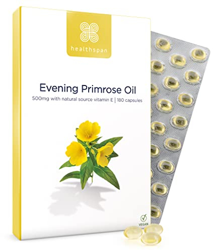 Healthspan Nachtkerzenöl 500 mg | Wohltuende Omega-6-Fettsäuren | Mit zusätzlichem Vitamin E | Zur Unterstützung der Frauengesundheit | Vegan | 180 Kapseln