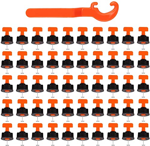 sysoon 50 Sets Fliesen-Nivelliersystem Kit - Wiederverwendbares Flieseninstallationswerkzeug Kit für den Bau von Wänden und Böden (Orange, Edelstahl, 51 Stück)