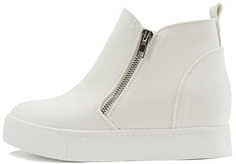 Soda Taylor Hidden Wedge Sole Booties Ankle Heels Sneaker Shoes Side Zipper (WHITE CANVAS, 8.5)