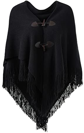 Ferand Women's Open Front Poncho Loose Fitting Fringed Cape Shawl for Autumn Winter 2023 - One Size - Black