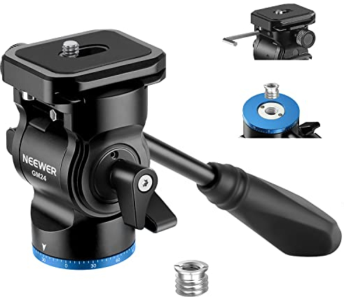 NEEWER Stativ Fluidkopf Pan Tilt Head mit Arca Typ Schnellwechselplatte und Griff,Metall Panoramakopf mit skalierter Basis (⌀37mm) für kompakte Videokamera DSLR Kamera, Last bis zu 6,6lb, GM24 (Blau)