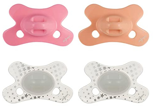 Difrax Sauger 0-6 Monate Natural – Schnuller zur Geburt mit Silikonsauger – leicht zu akzeptieren – optimale Luftzufuhr – Tutute für Neugeborene – Himbeere & Pfirsich – 4 Stück