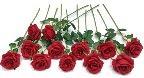 Laelfe 12 Pcs Large Red Roses Artificial Flowers, 53 cm Single Long Stem Faux Silk Red Flowers Fake Roses for Wedding Bridal Bouquet Home Party Arrangment Hotel Decorations