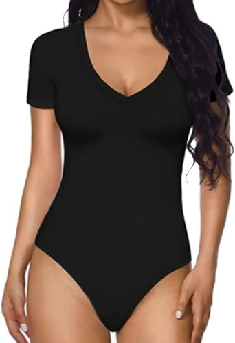 QKEPCY Body Donna Maniche Corte Scollo a V Bodysuit Aderente Bodysuit Contenitivo Modellante Elegante per Outfit Estivi Casual Quotidiano