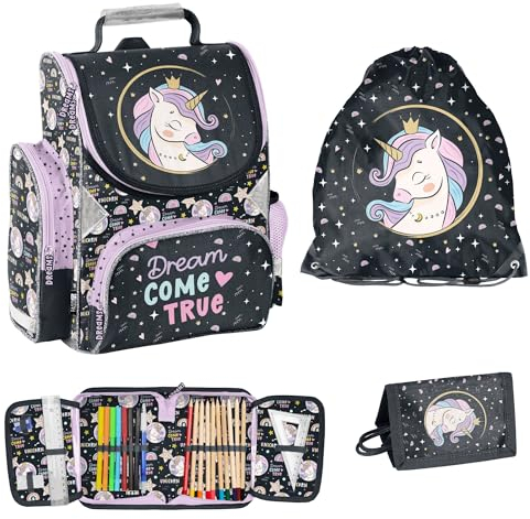 PASO 4-TEILIGES SCHULSET: Schulranzen + Turnbeutel + FEDERMAPPE + Portemonnaie - Einhorn - Unicorn Dream Come True-