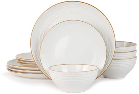 Famiware Jupiter 12-Piece Stoneware Dinnerware Set, Handcrafted Plates and Bowls with Speckles & Embossed Swirls, Chip/Scratch Resistant, Microwave/Dishwasher Safe, Modern Dishes, Service for 4, White