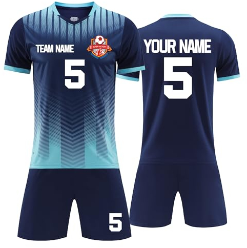 Faletony Personalisiertes Fussball Trikot Kinders Erwachsene Fusstball Shirt & Shorts Set mit Name Nummer Team Logo Personalisierte Fußballtrikot Jungs Mädchen (Polyester, Saphirblau)