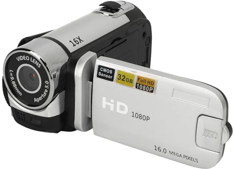 Grabadora de Cámara Digital, Videocámara Full HD 1080P 16MP, Cámara Vlogging con Pantalla Giratoria de 2,4, Zoom Digital 16X, Luz de Relleno, Antivibración, para Principiantes Silver