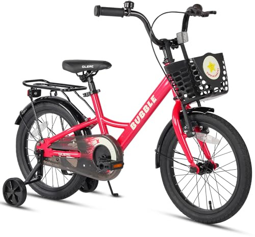 Glerc Bubble 14 pouces Vélo enfant pour garçons et filles de 3 4 5 6 ans avec roues stabilisatrices et porte-bagages, rouge rosé