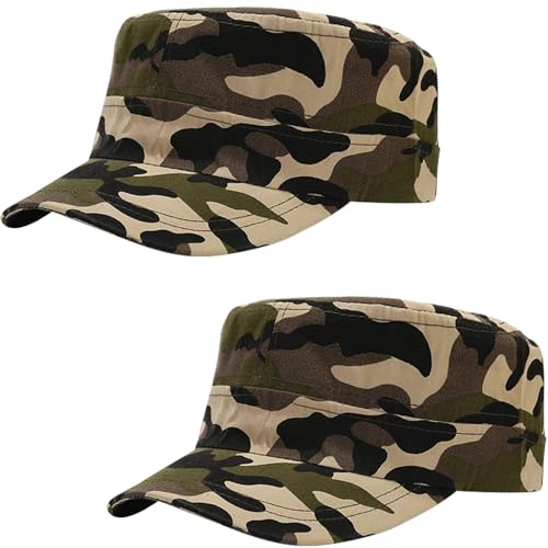 Malaxlx 2 Pack Jungle Camo Brown Cadet Army Cap Military Hat for Men Women Adjustable Cotton Flat Top Hat