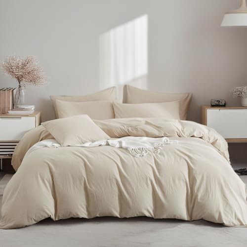 Boqingzhu Halbleinen Bettwäsche Beige 135x200cm Baumwolle Leinen Atmungsaktiv Weich Fein Bettwäsche Set Bettbezug 135 x 200 cm und Kissenbezug 80 x 80 cm