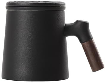 fanquare Tazas de Té de Cerámica con Asa de Madera Taza de Té Grande Negra con Infusor y Tapa Taza de Té para Casa Oficina 340ML